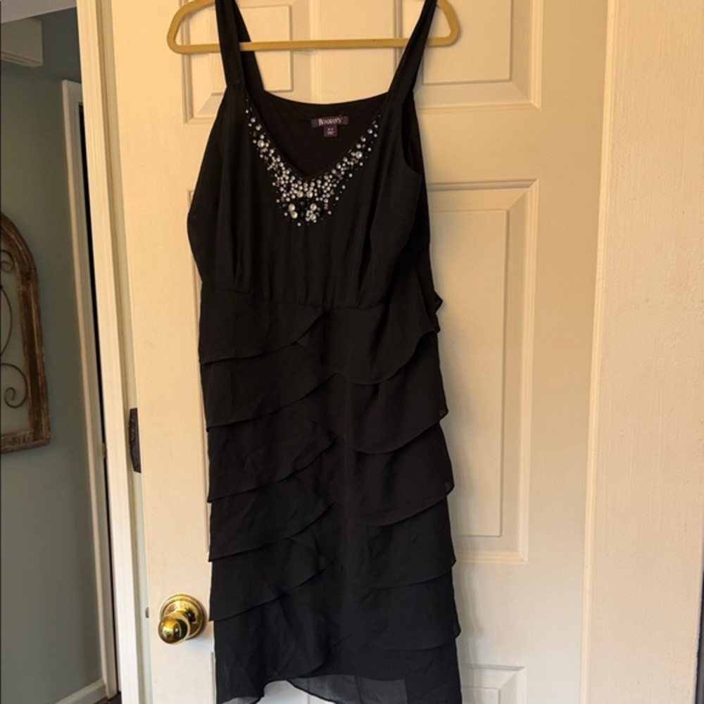 Roaman's Black Layered Mini Dress with Beaded Detail